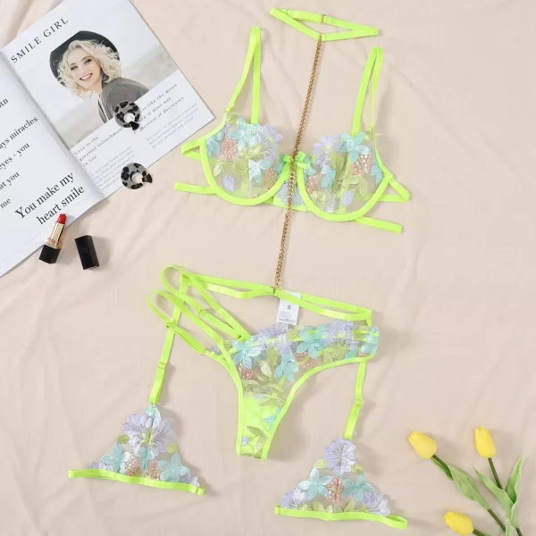 Green Lace Floral Lingerie Bra Thong Set - Image 5