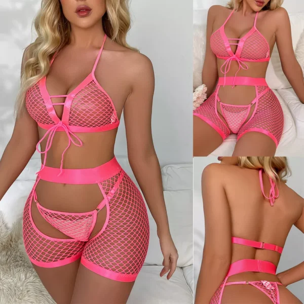 Pink Lace Fishnet Lingerie Bra Thong Set