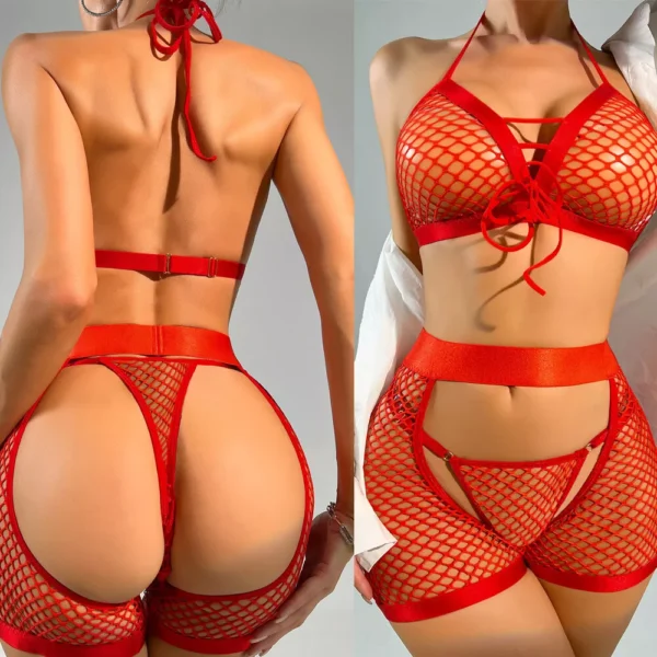 Red Lace Fishnet Lingerie Bra Thong Set