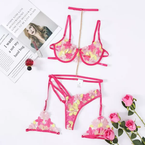 Rose Red Lace Floral Lingerie Bra Thong Set - Image 4